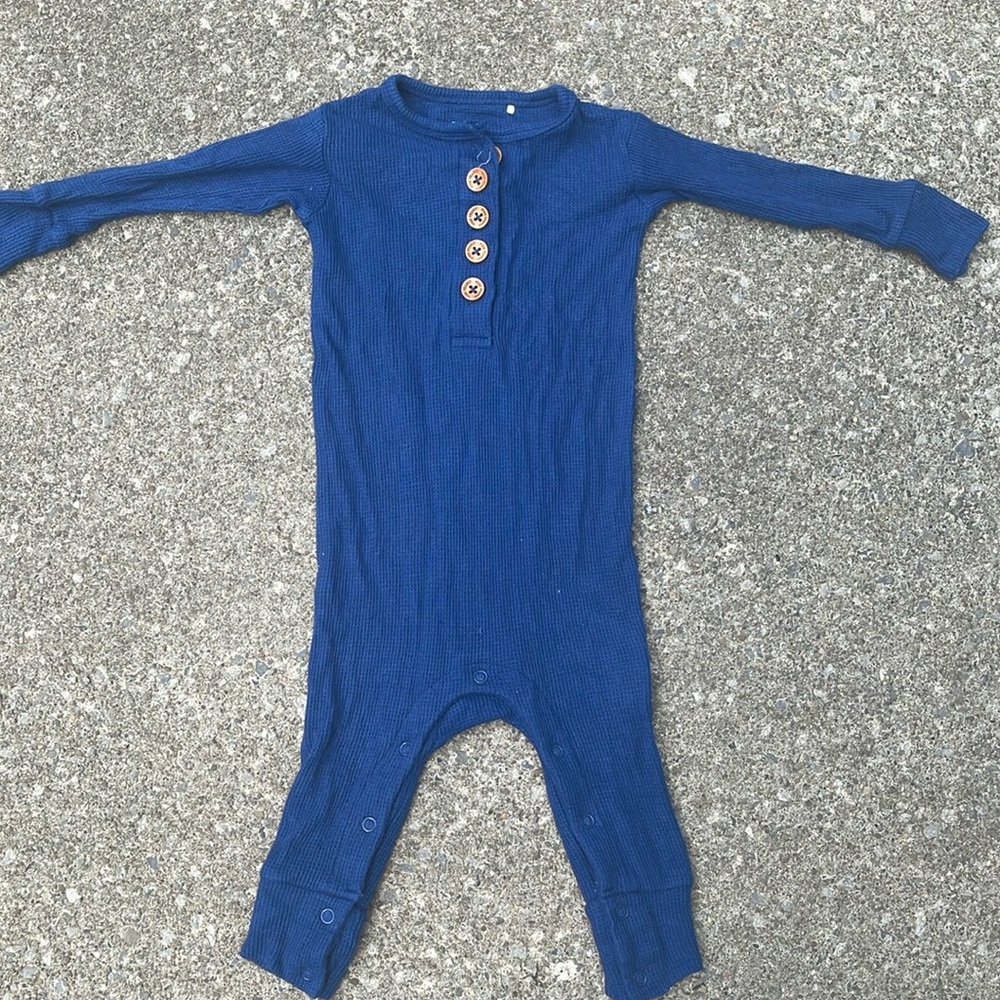 Posh Peanut Navy Blue Button Ribbed Long Sleeve Romper